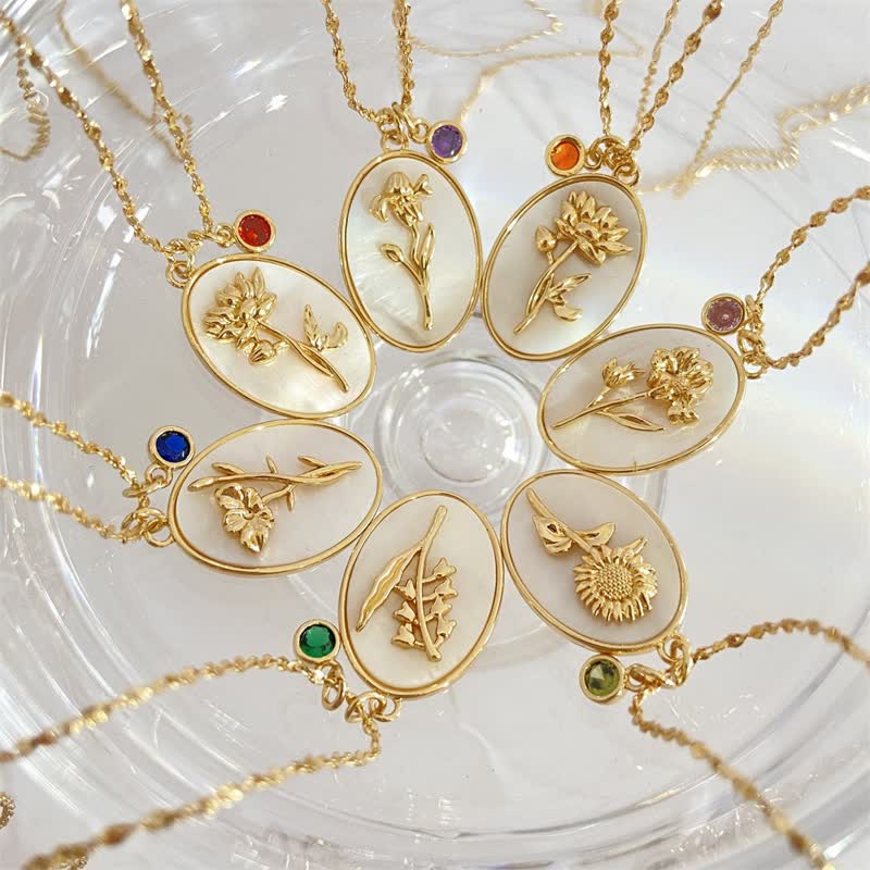 Women's custom birth flower necklace in silver, featuring a personalized birthstone. Elegant gift.