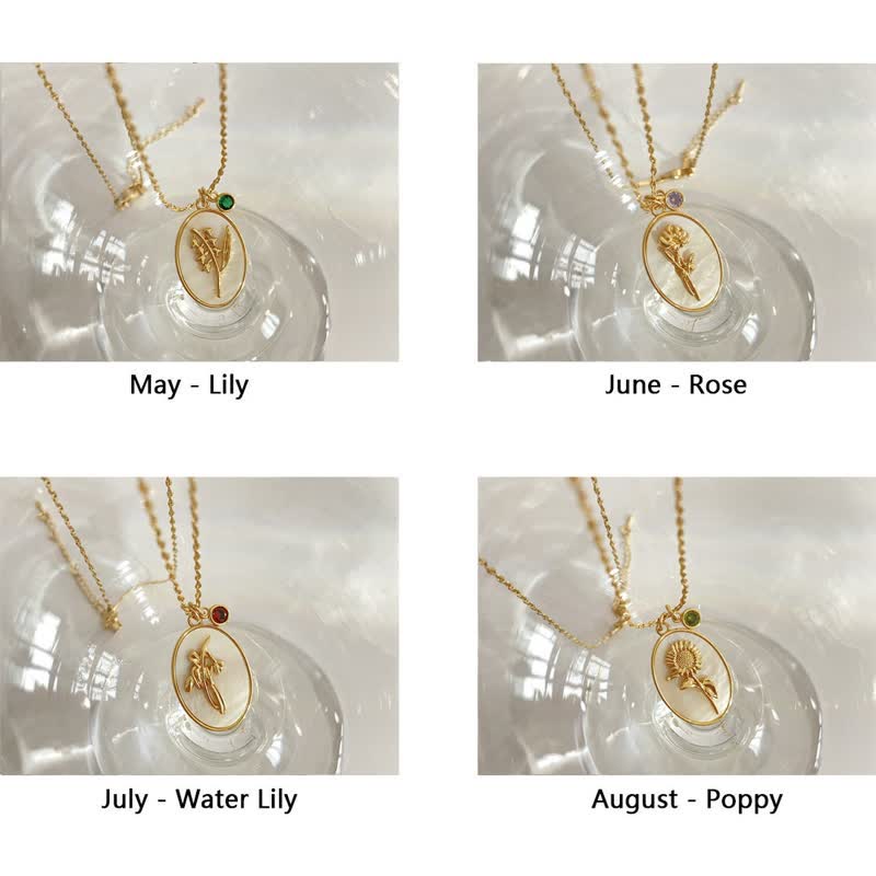 Women's elegant personalized birth flower necklace, silver, with a custom birthstone detail.