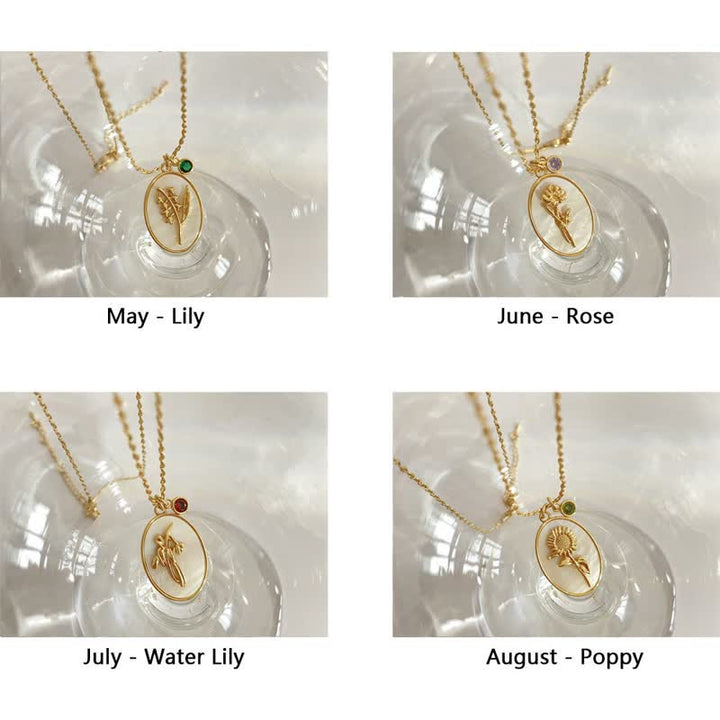 Women's elegant personalized birth flower necklace, silver, with a custom birthstone detail.