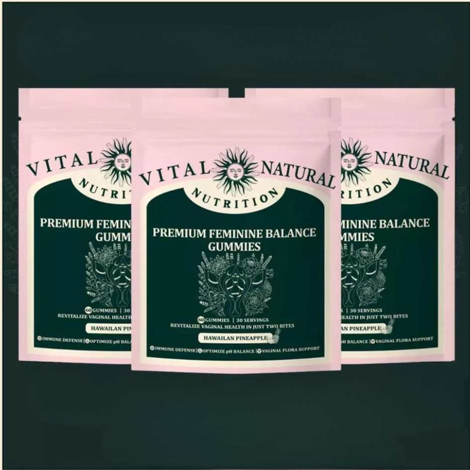 Bottle of women's pH balancing gummies. Plant-based supplements for vaginal and feminine health support.