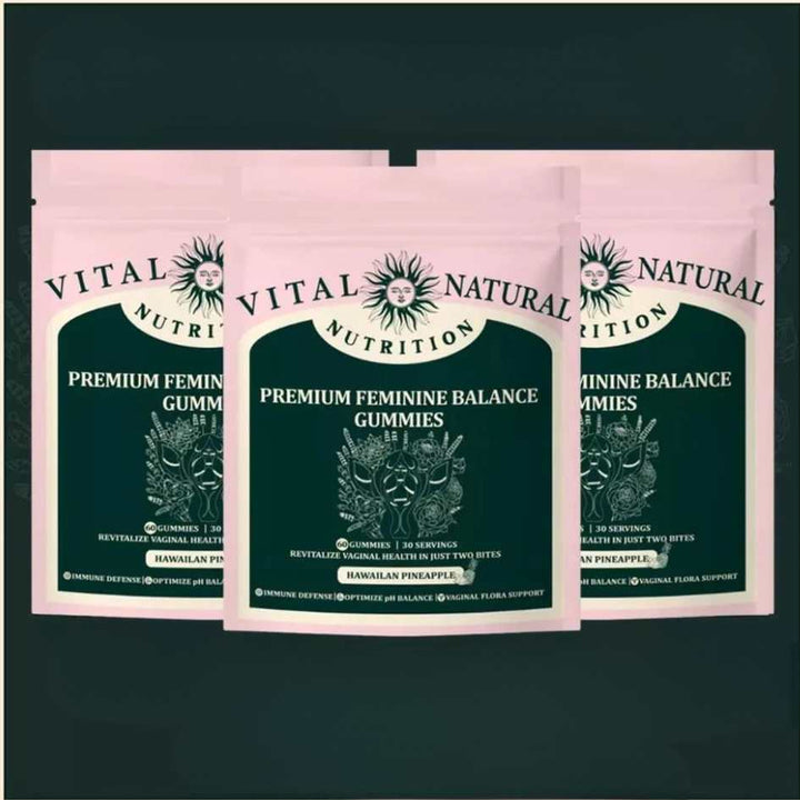 Bottle of women's pH balancing gummies. Plant-based supplements for vaginal and feminine health support.