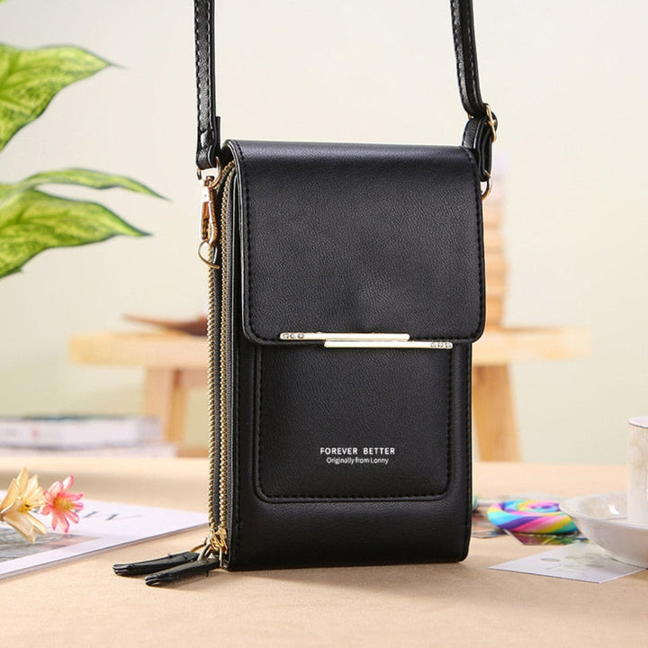 Stylish crossbody phone bag for women, featuring a front touchscreen pocket.