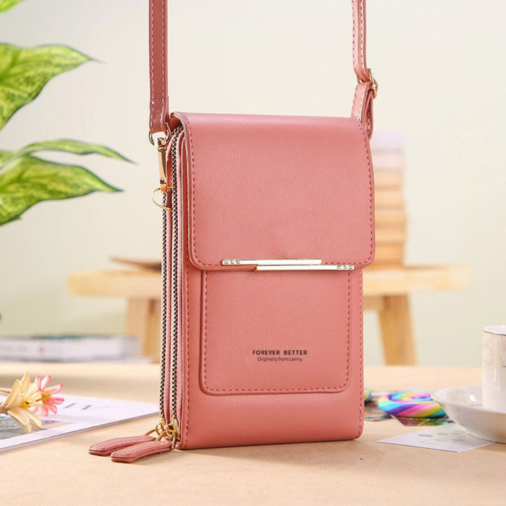 Compact women's mini bag & clutch with a convenient touchscreen phone window.