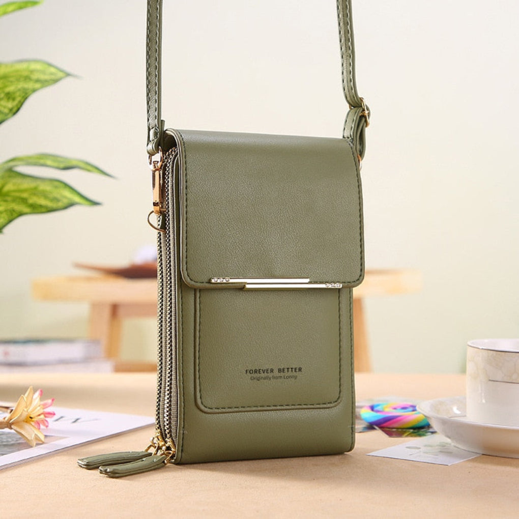 Small women's phone bag; a shoulder or crossbody purse with touchscreen access.