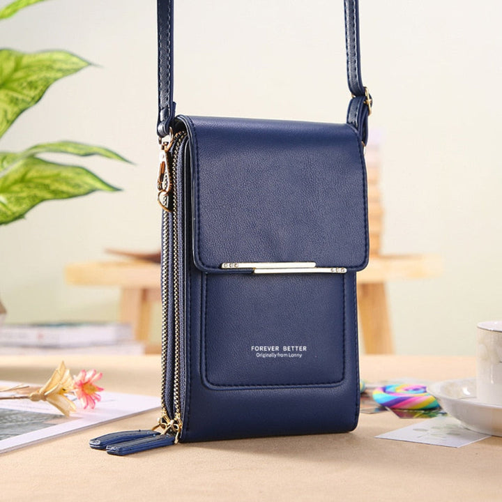 Fashionable women's mini shoulder bag with clear window for touchscreen phone.
