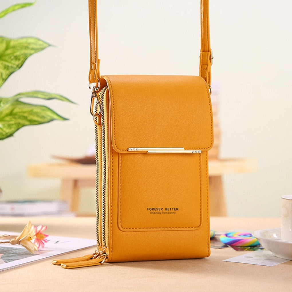 Modern women's phone bag, a small shoulder purse with touchscreen phone window.