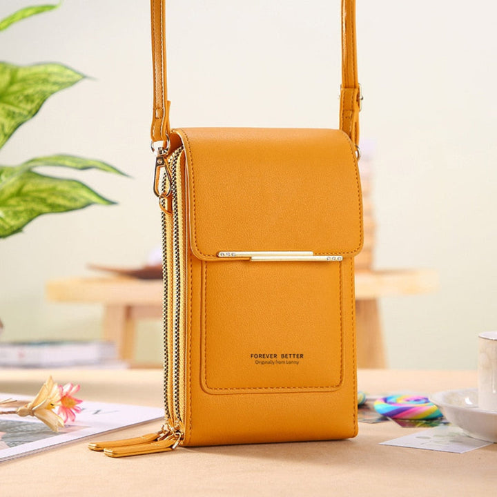 Modern women's phone bag, a small shoulder purse with touchscreen phone window.