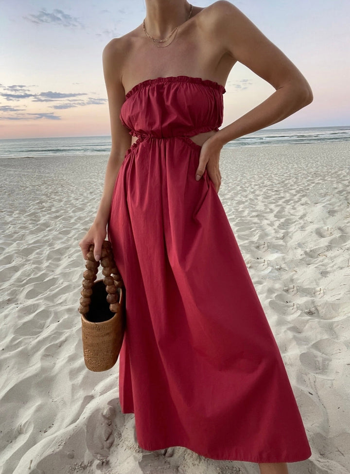 Women's pink bohemian chic sleeveless dress with a loose fit, perfect for summer casual wear or vacation beachwear.