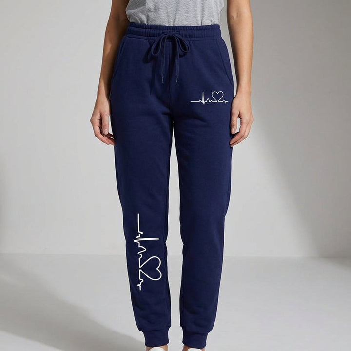 Full length view of Sierra women's cotton sports trousers, soft loungewear with heart design