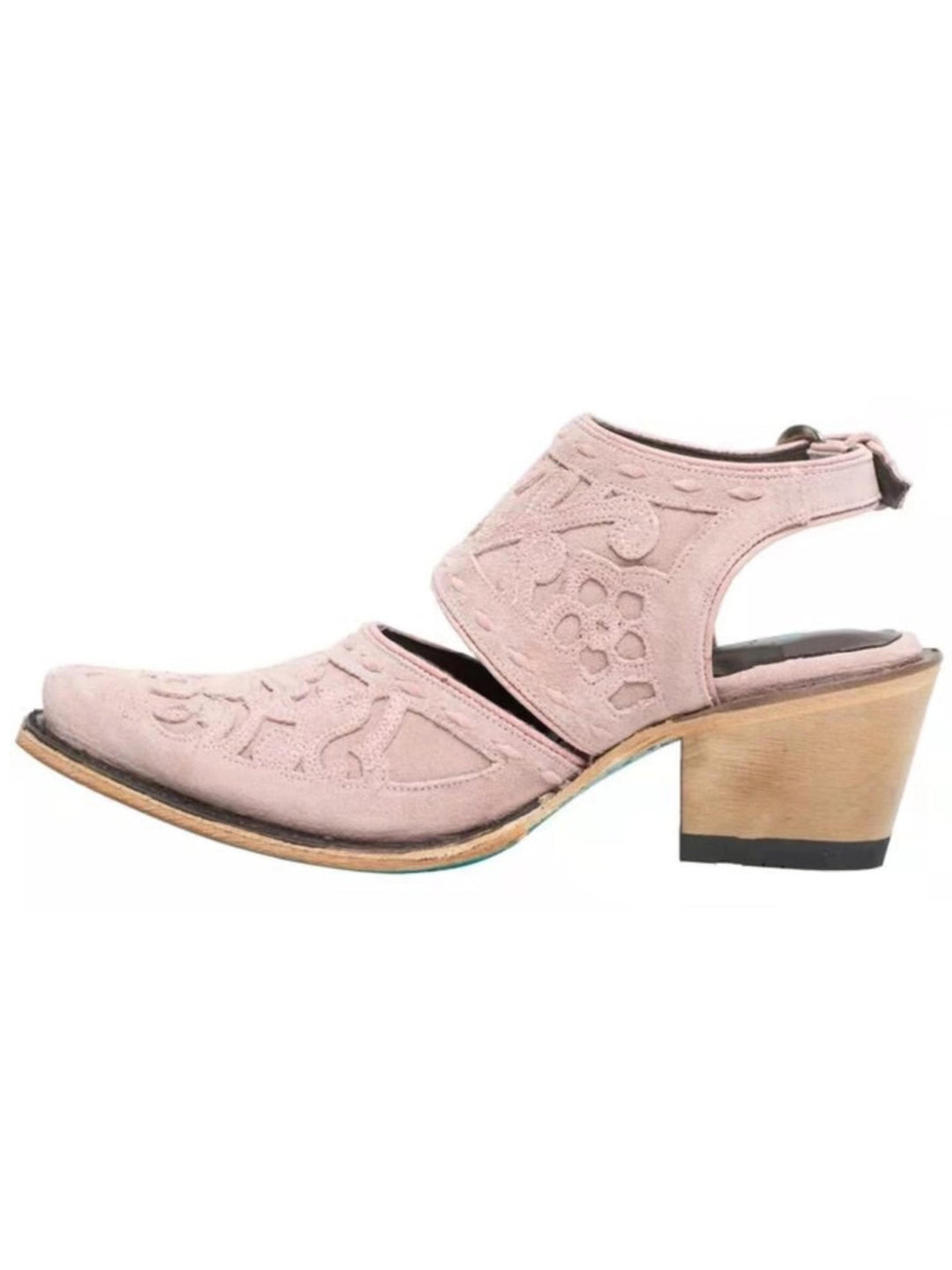 Women's pink embroidered snip toe slingback cowgirl boots. Feminine western fashion for festivals & statement style.