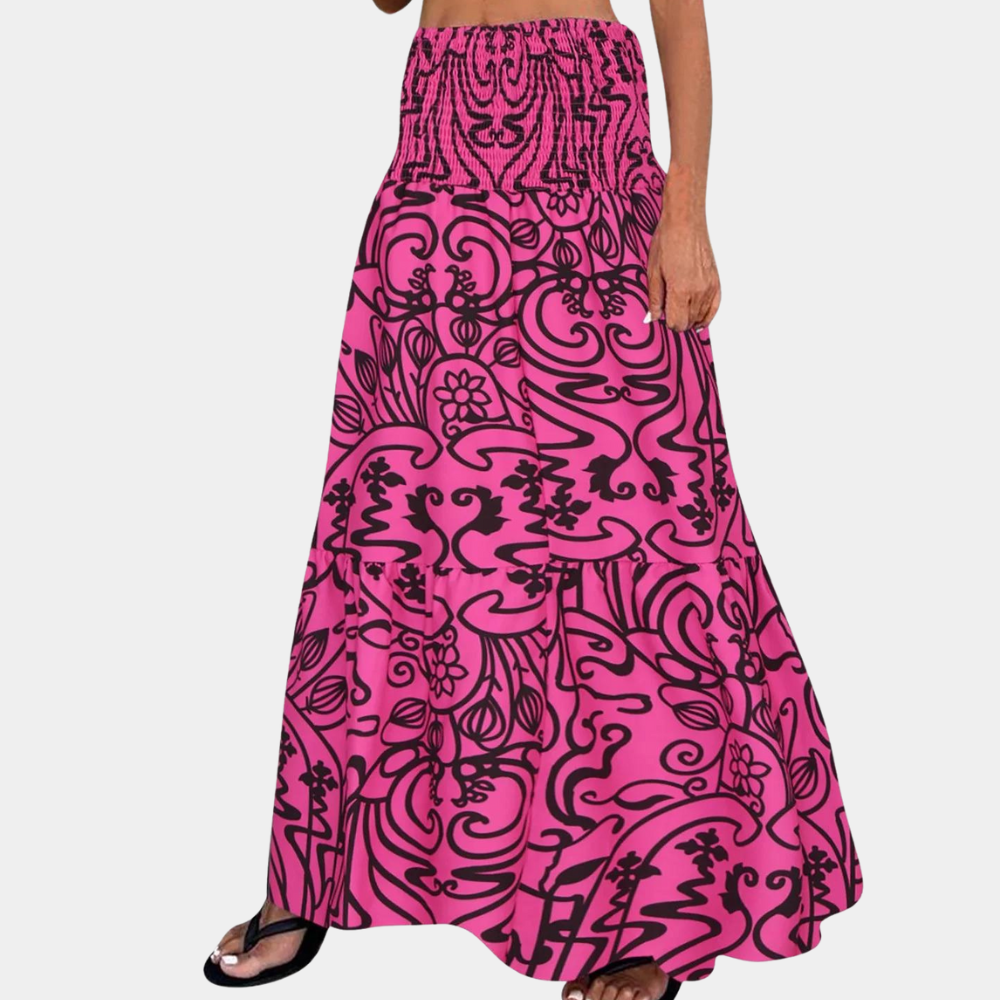 Elegant women's loose fit midi skirt, breathable pink fabric, excellent for comfortable summer outings.