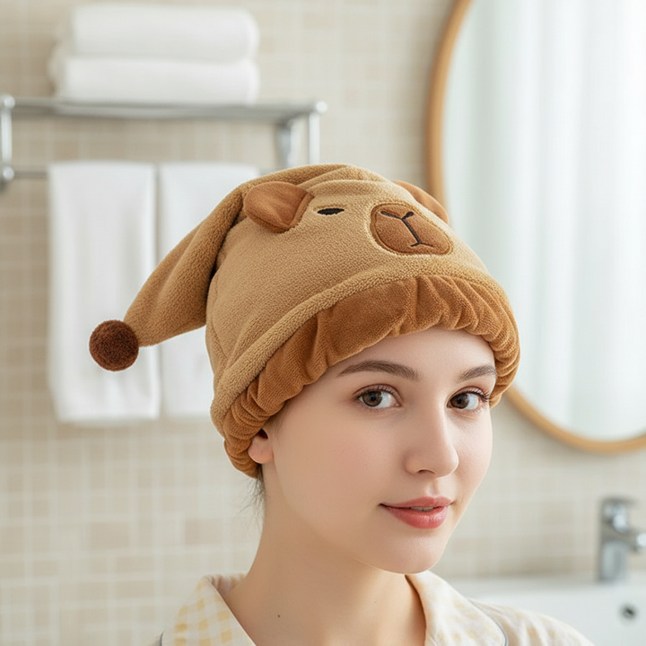 Women's pink fuzzy fleece hair wrap towel for quick-drying hair after shower