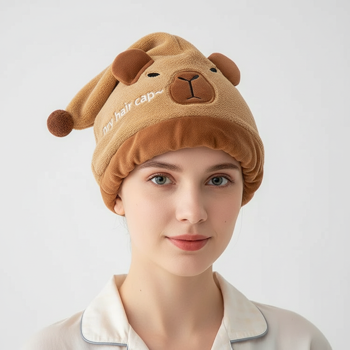 Soft gray animal design fleece hair cap, ideal quick-dry bath accessory for women