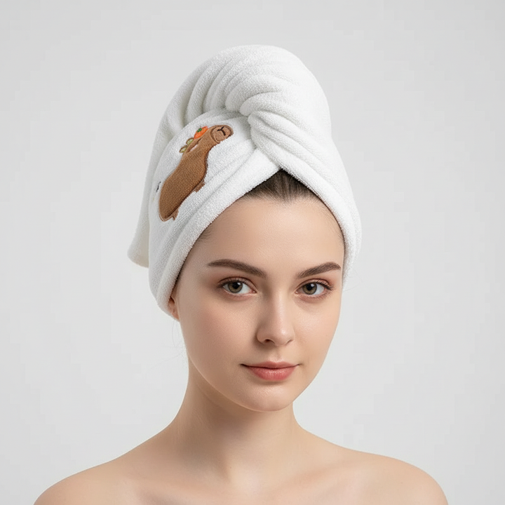 Front view of a white fuzzy hair cap, women's soft fleece towel hair accessory