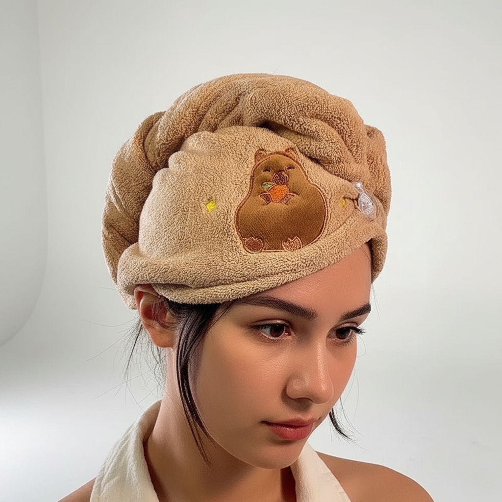 Girl drying her hair with a cute animal design fleece hair wrap, quick-dry bath towel