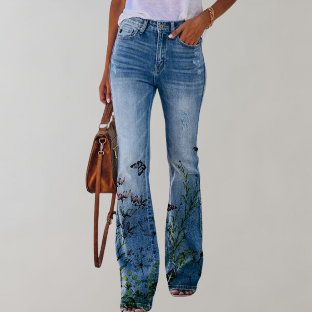 Flattering women's pink high-waist flared jeans, featuring a comfortable fit and unique button detailing. Trendy bottoms.
