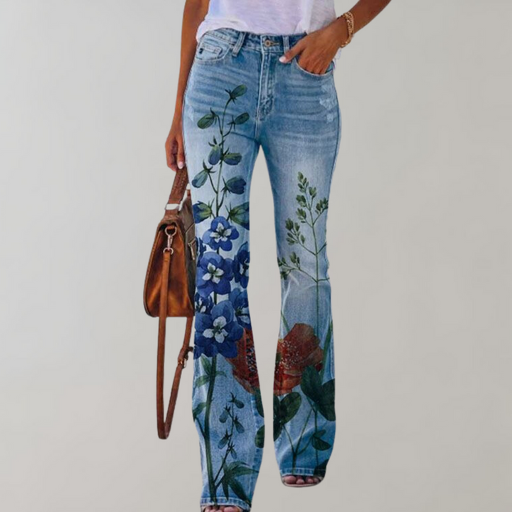 Trendy pink high-waist flared jeans for women with chic button accents, ideal for casual fashion and statement looks.