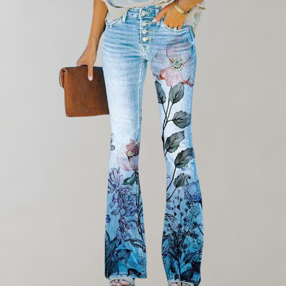 Versatile women's pink flared jeans, high-waist with prominent button fly. A fashionable and comfortable casual bottom.