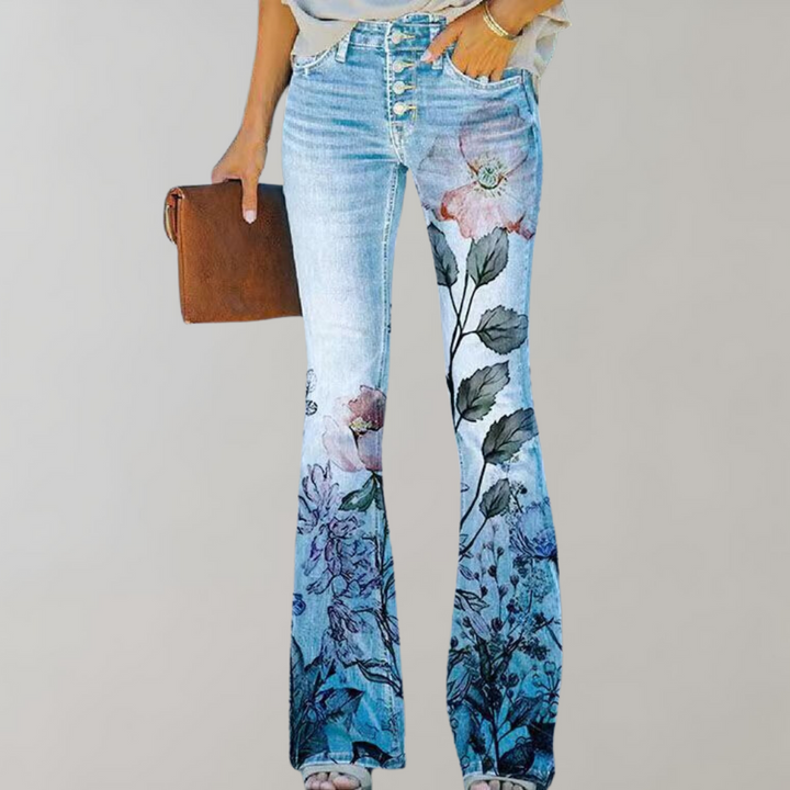 Versatile women's pink flared jeans, high-waist with prominent button fly. A fashionable and comfortable casual bottom.
