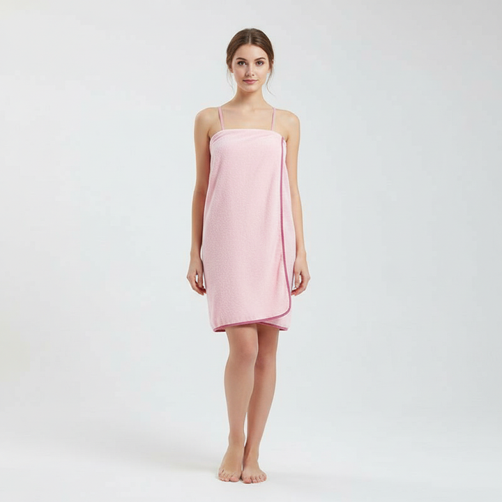 Stylish spa dress for women, pink absorbent microfiber bath wrap, doubles as a pool cover-up