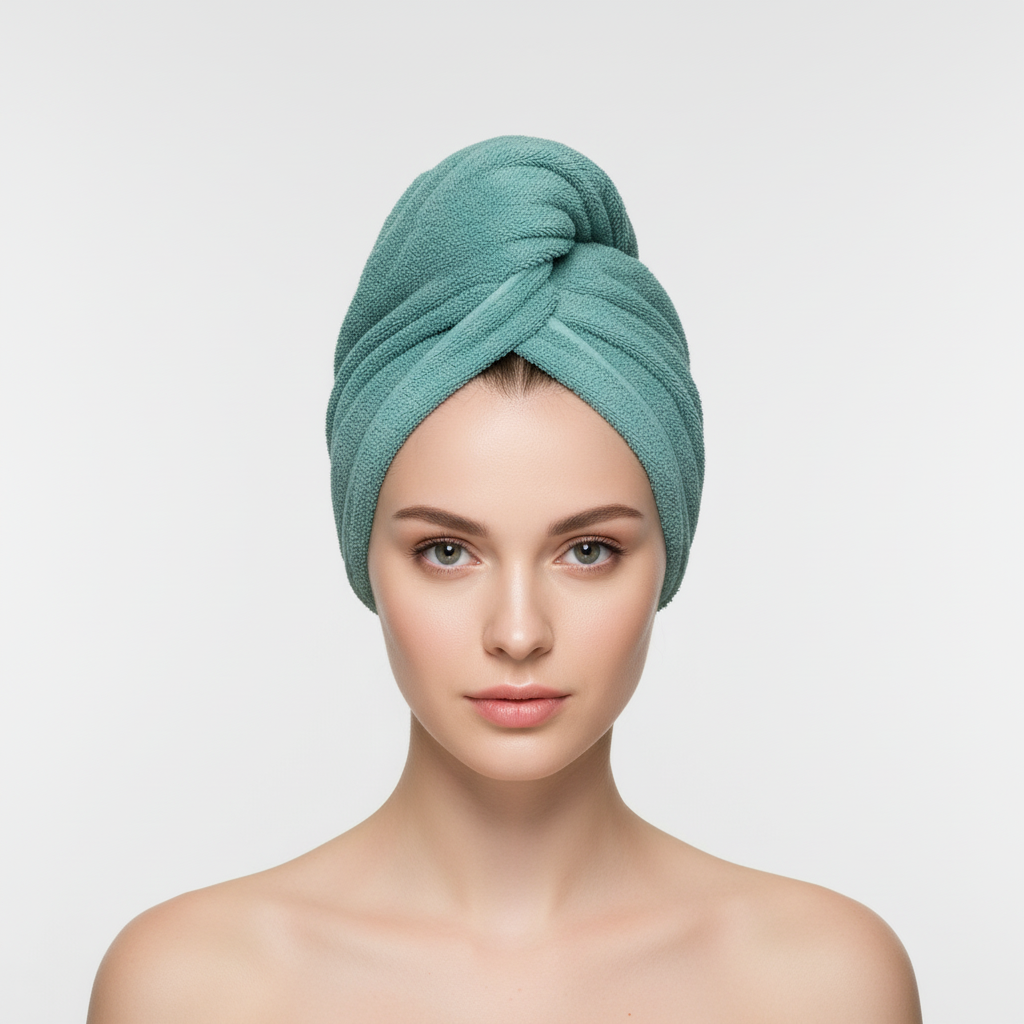HairWrapFlex microfiber hair towel on a white background, knitted design for women's rapid drying