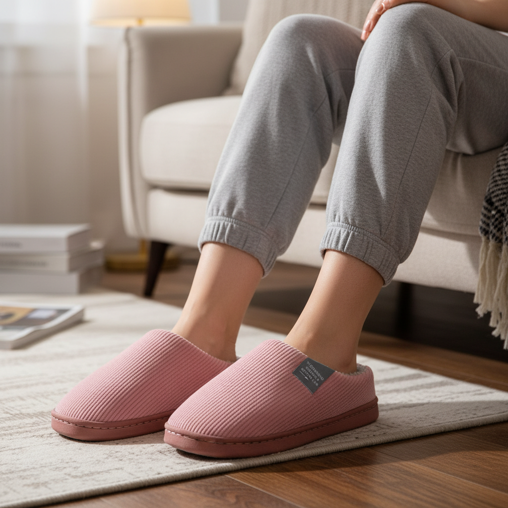 Women's pink non-slip ribbed cozy house slippers, perfect for warmth and comfort indoors.