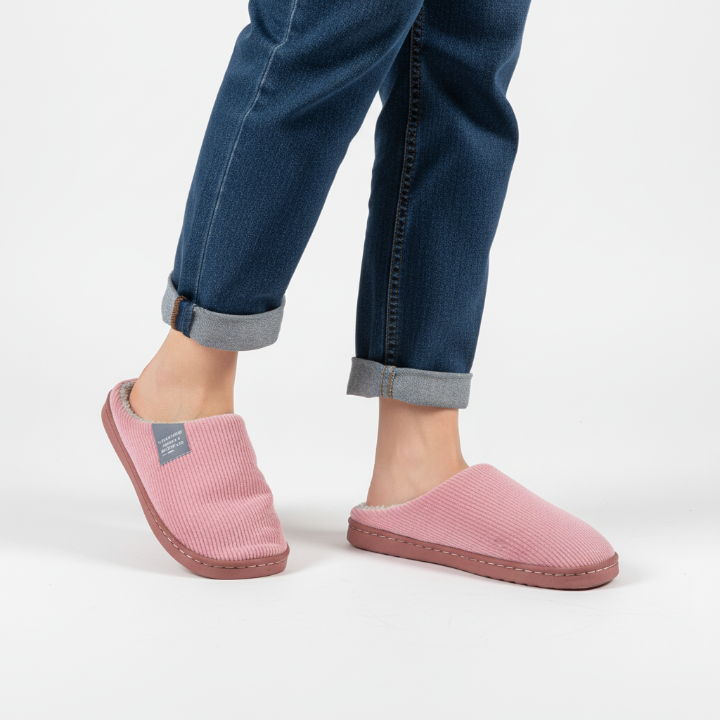 Ribbed knit non-slip house slippers for women in a soft beige color, ideal for cozy evenings.