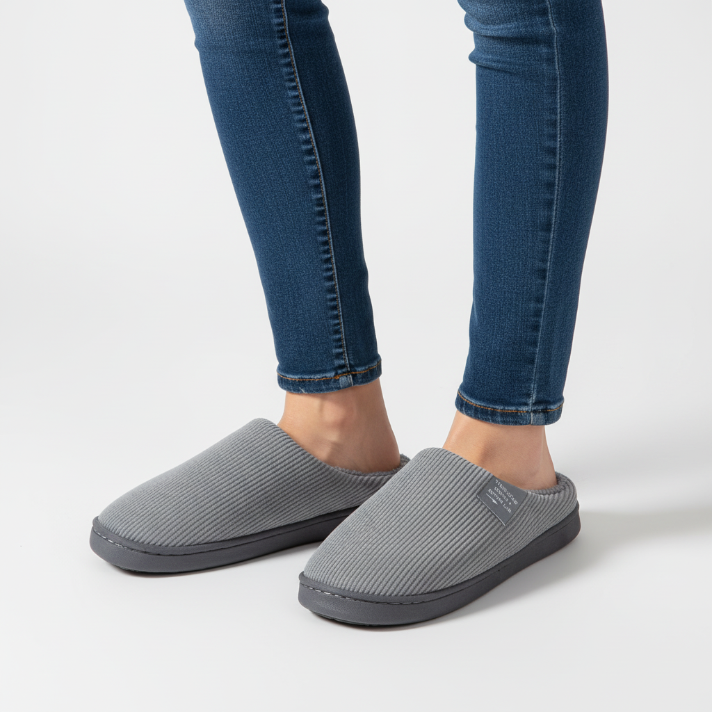 Women's non-slip house slippers in a ribbed tan knit, perfect for comfortable home lounging.
