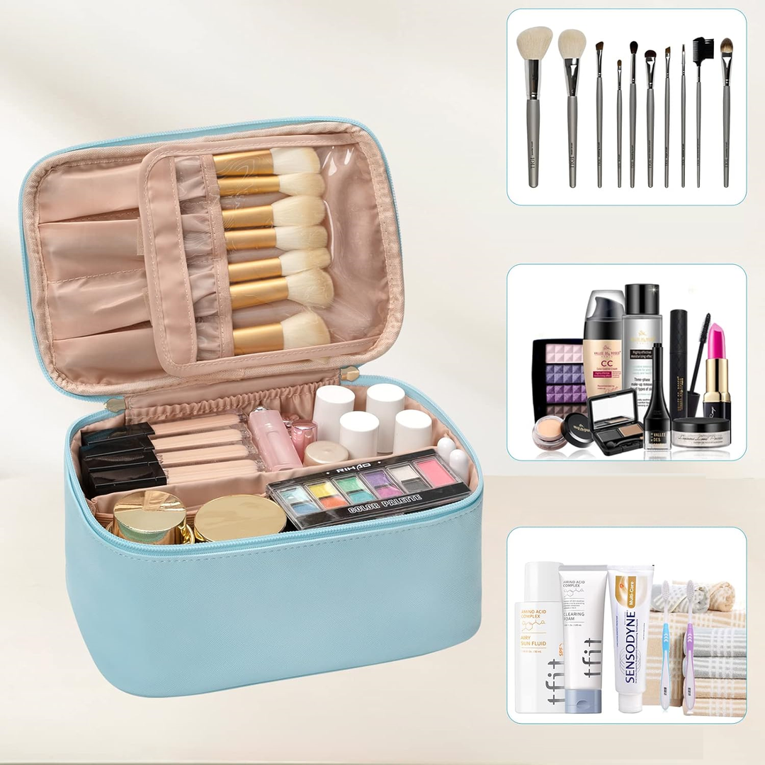 Women's pink travel makeup organizer bag with adjustable dividers, open and packed with cosmetics