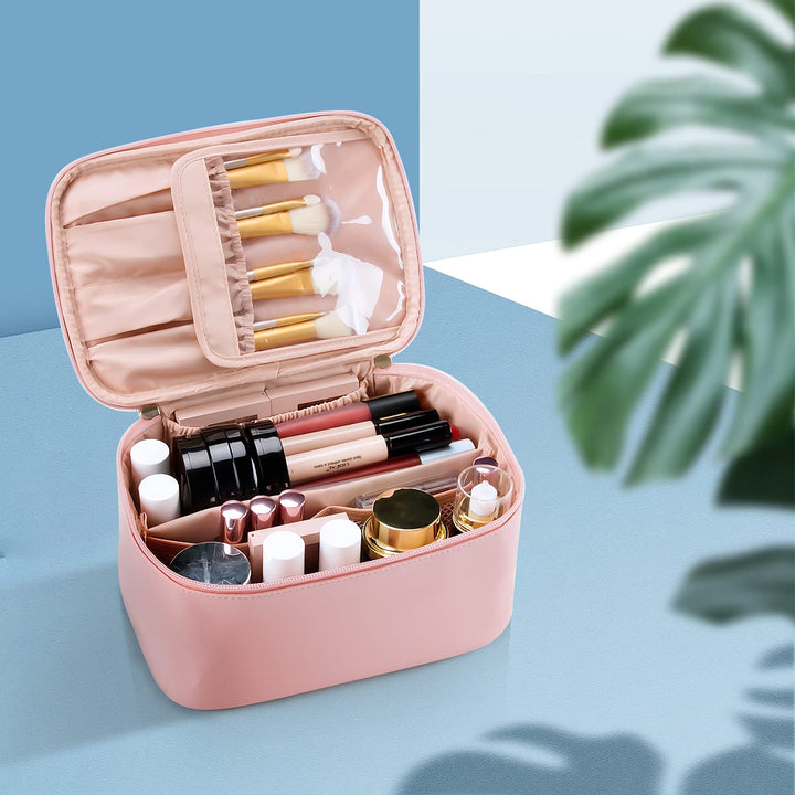 Empty women's travel cosmetic case, showcasing adjustable dividers for personalized organization
