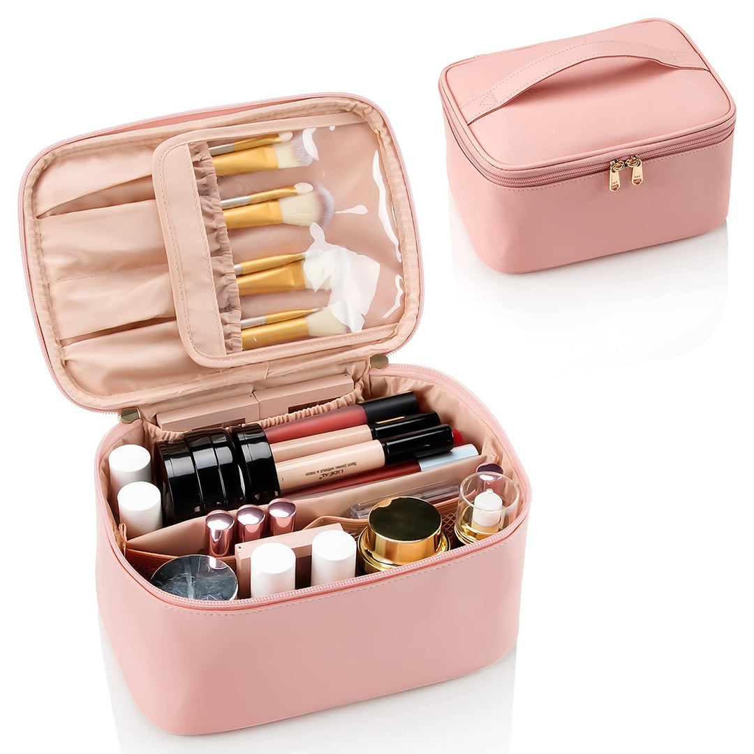 Side view of a women's travel makeup bag, illustrating its structured shape and utility
