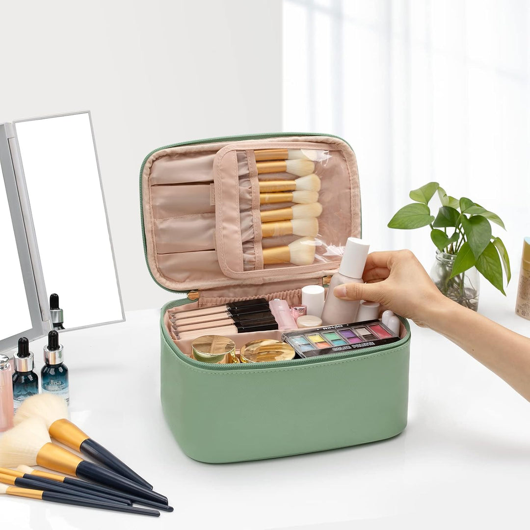 Open women's travel makeup organizer, displaying secure elastic straps for brushes