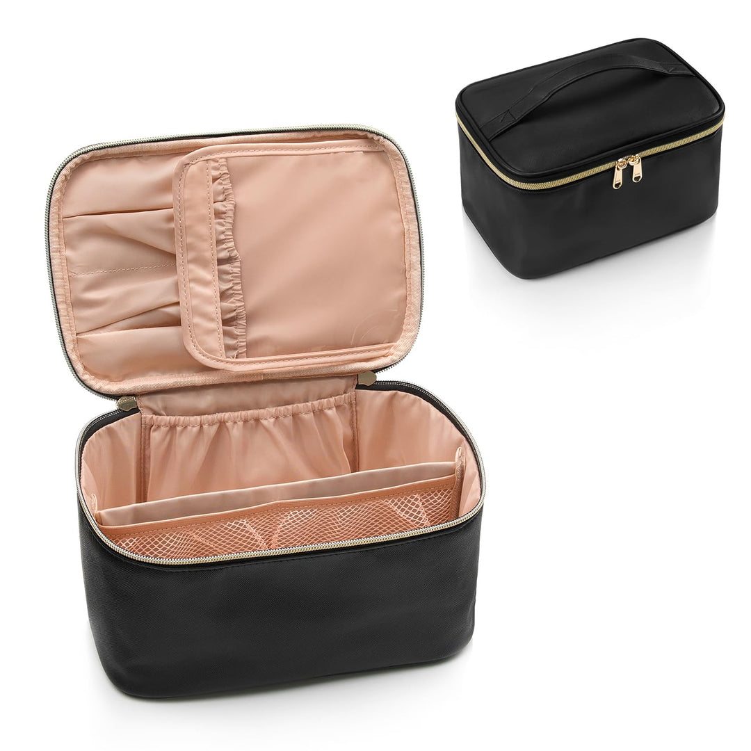 Inside view of a women's travel makeup organizer, featuring a clear zippered pouch