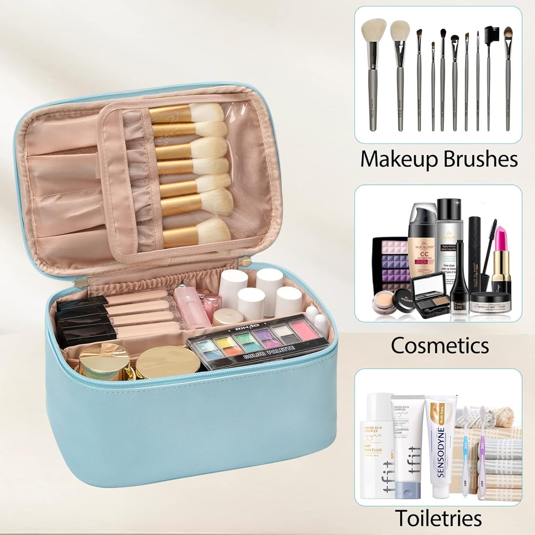 Stylish women's travel makeup organizer in black, compact and portable for beauty essentials