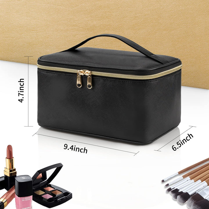 Women's travel makeup organizer bag closed, showcasing its sleek design and portability