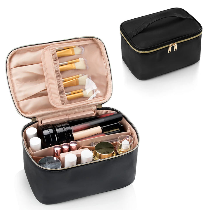 Women's travel makeup bag with a sturdy base, keeping cosmetics upright and protected