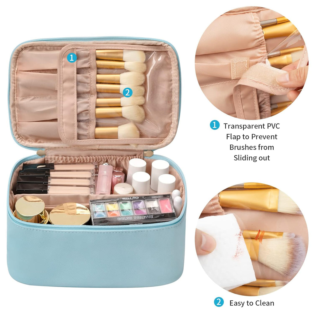 Top-down view of a women's travel makeup organizer bag, showing versatile compartments