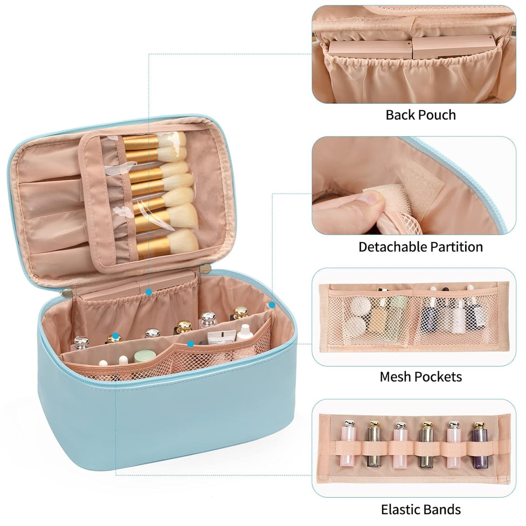 Women's cosmetic case with brush holders and secure zipper, ideal for travel beauty storage