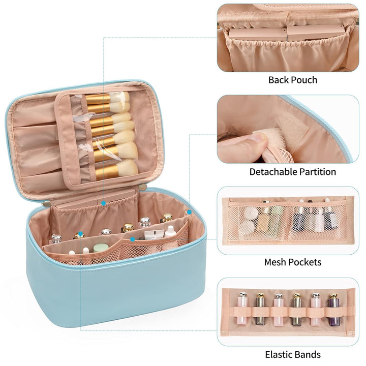 Women's cosmetic case with brush holders and secure zipper, ideal for travel beauty storage