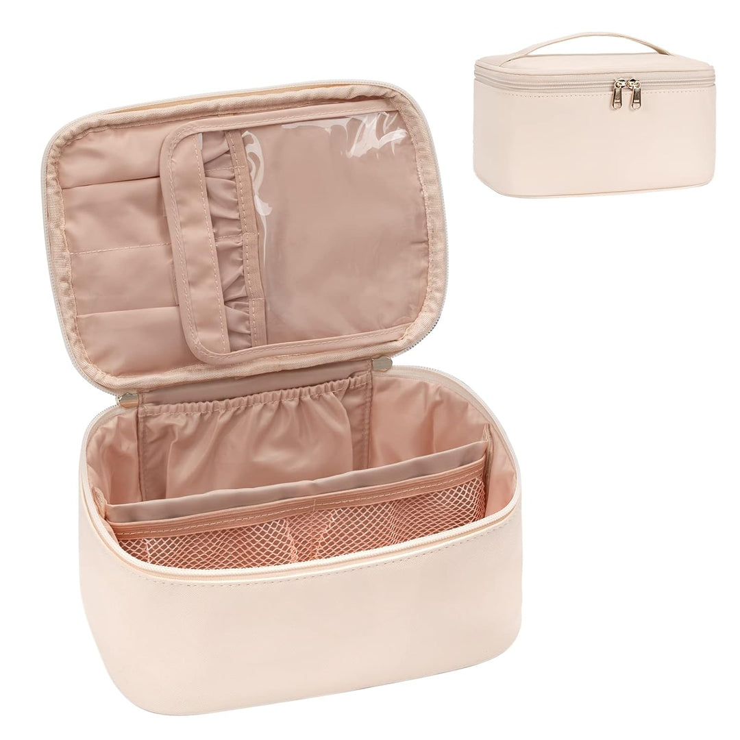 Elegant women's travel makeup organizer with rose gold zippers and spacious interior