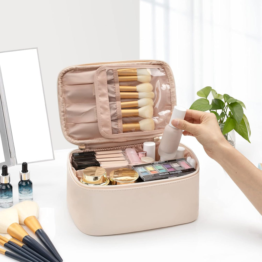 Women's portable makeup bag, open to reveal customizable sections for various products