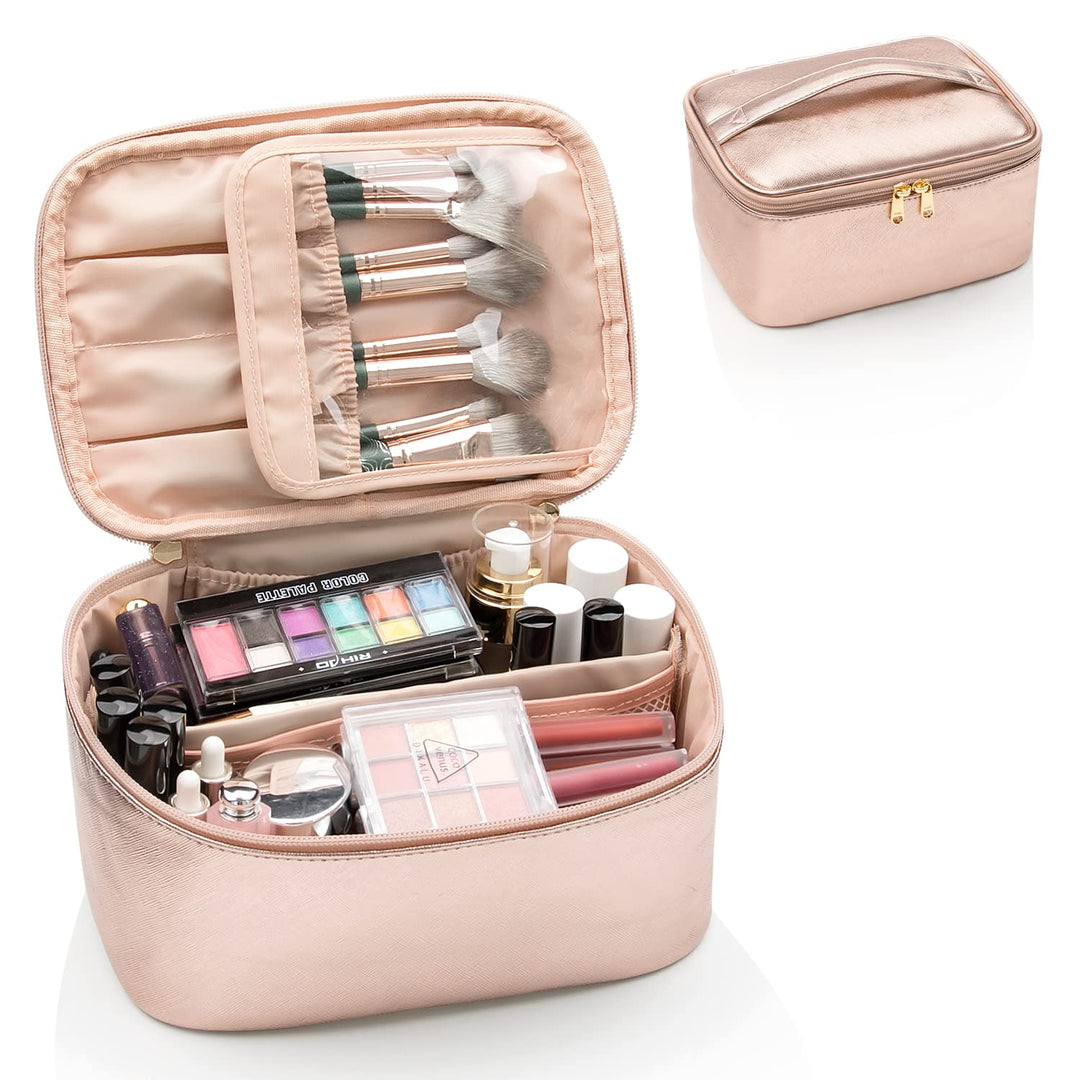 Women's travel makeup bag featuring multiple pockets, organized beauty storage on the go