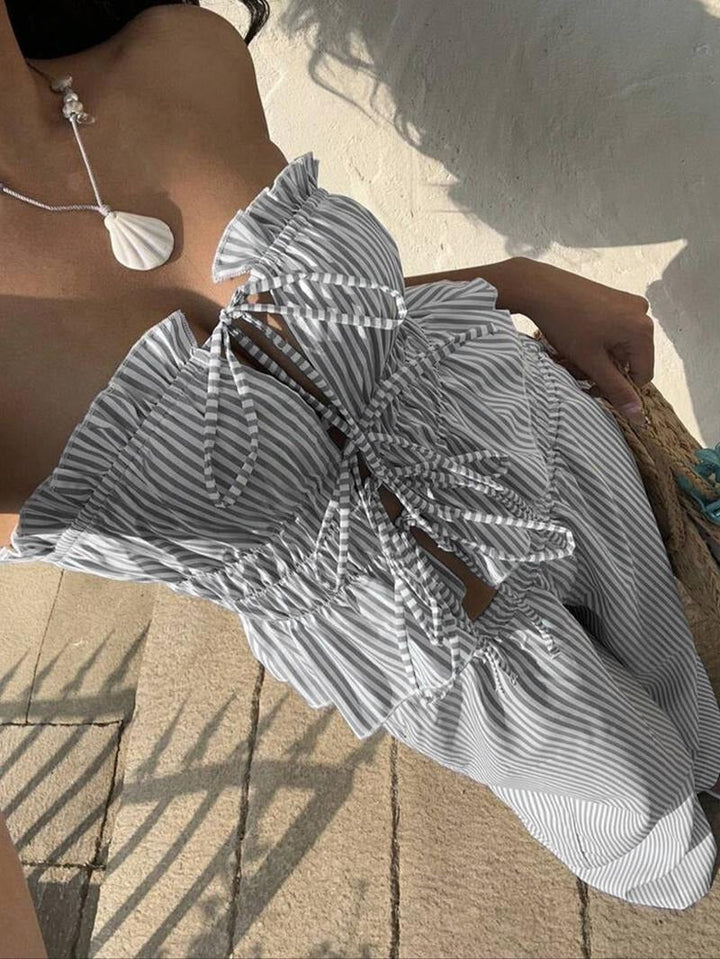 Casual women's cotton blend pinstripe bandeau top & wide leg trousers set, perfect for summer.