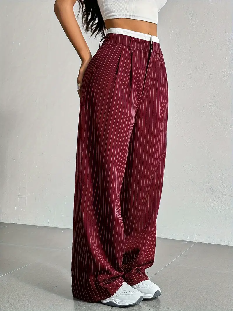 Soft-touch women's pinstripe wide-leg trousers for a luxurious feel & stylish relaxed fit.