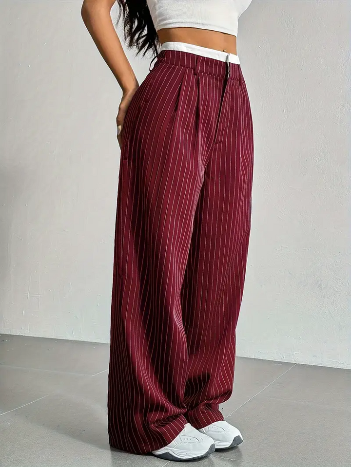 Soft-touch women's pinstripe wide-leg trousers for a luxurious feel & stylish relaxed fit.