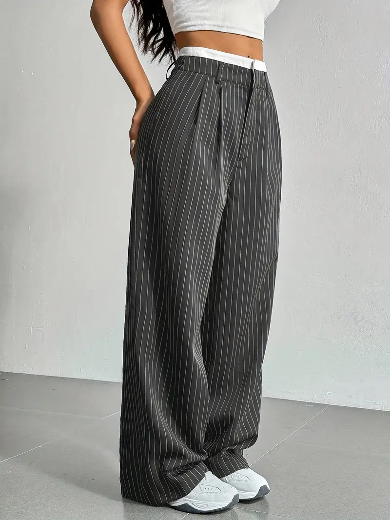 Elegant casual women's pinstripe wide-leg trousers, perfect for day-to-night comfort & style.