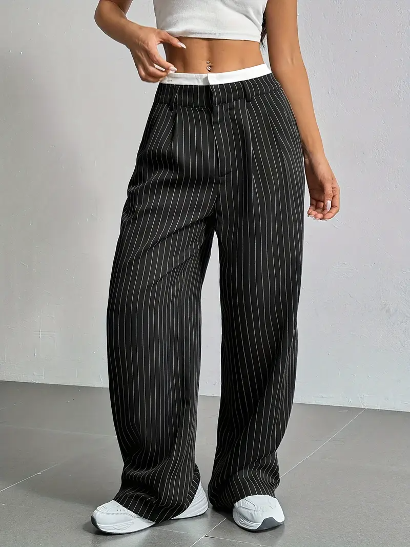 Relaxed fit women's pinstripe wide-leg trousers with an elastic waist for ultimate comfort.
