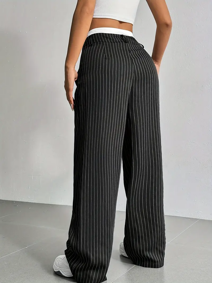 Elegant women's pinstripe wide-leg trousers, perfect for effortless fashion and chic looks.