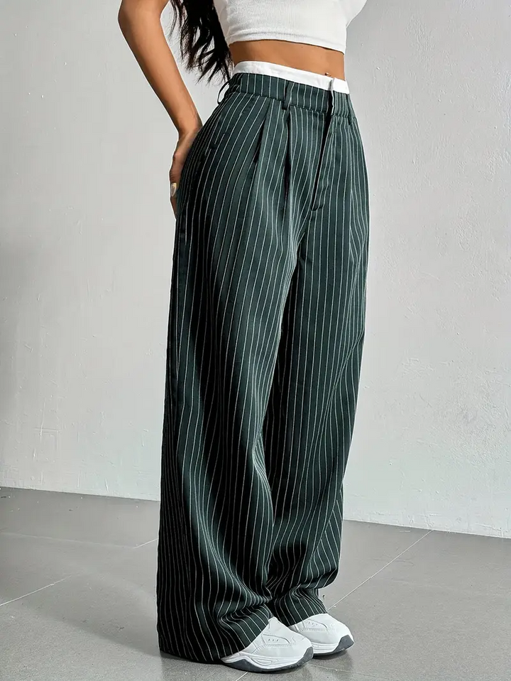 Stylish women's wide-leg trousers featuring a sophisticated pinstripe pattern for a modern look.