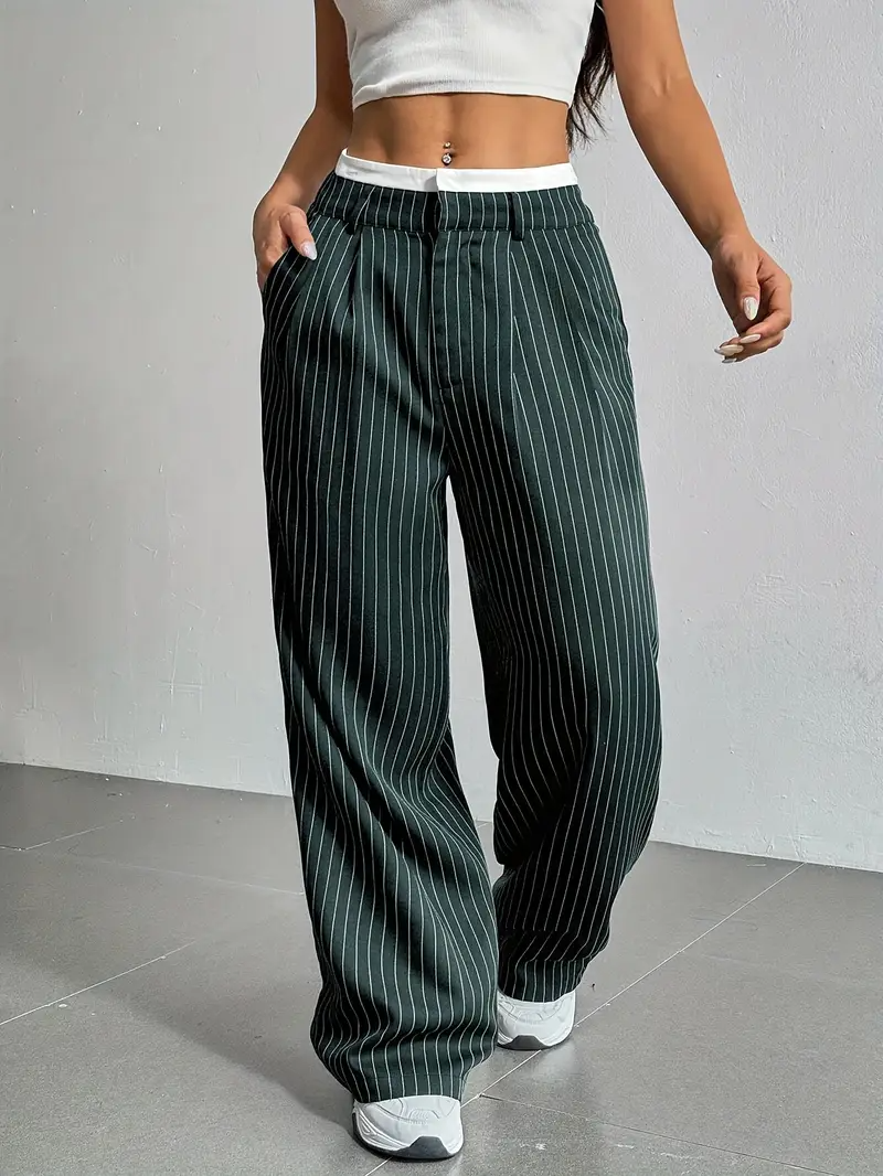 Women's pinstripe wide-leg trousers with a comfortable elastic waist, blending style and ease.